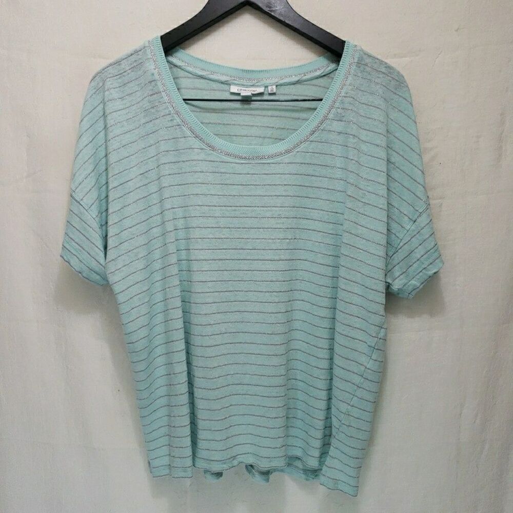Chico's Linen Blend Knit Striped Top Sz 4 XXL Mint Green Metallic Shimmer Scoop